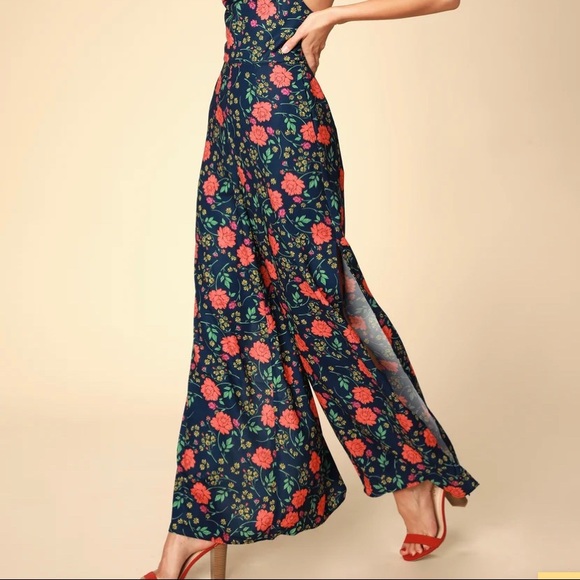 Hana Navy Blue Floral Print Backless Wide-Leg Jumpsuit - Picture 3 of 9